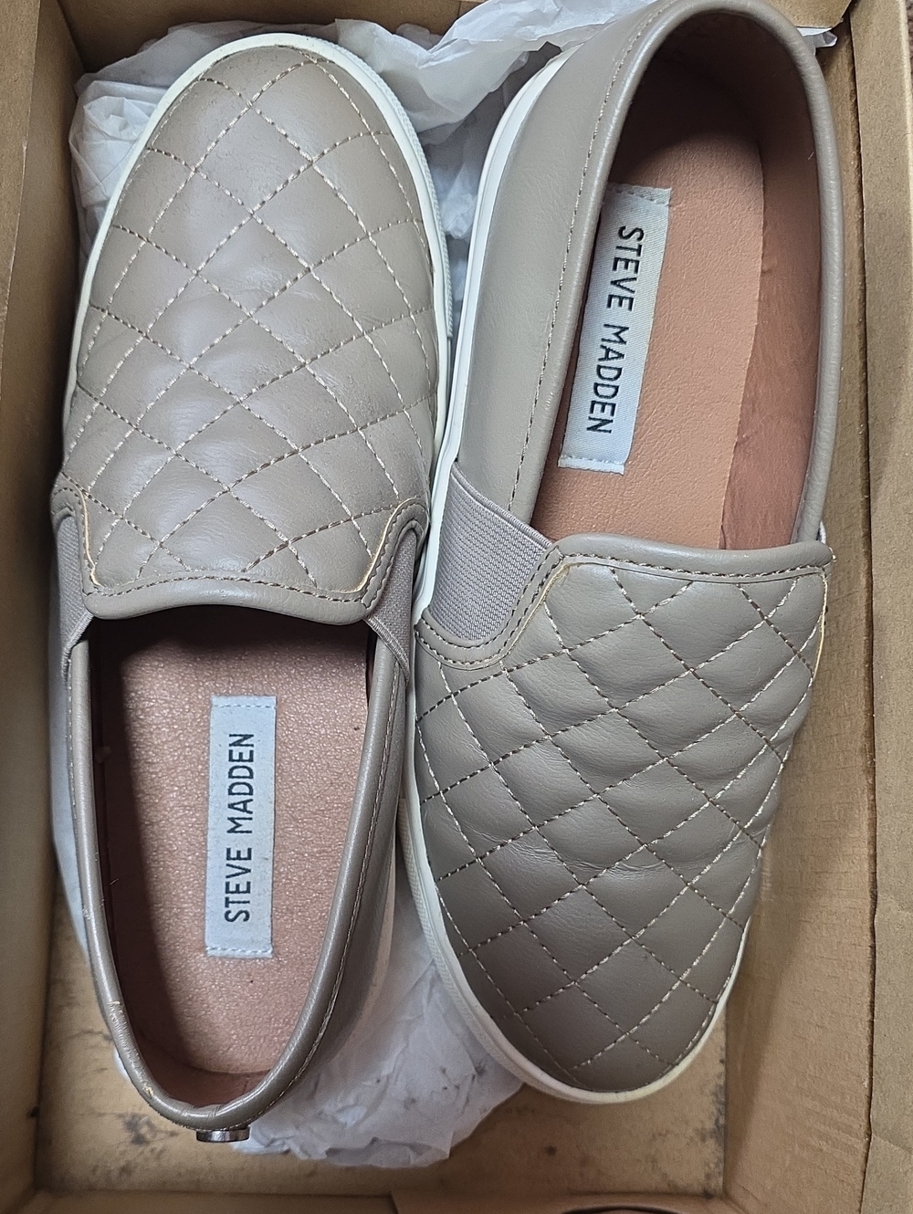 Steve Madden Quilted Slip-On Moccasins - Beige Taupe Size7.5
